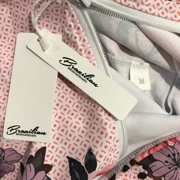 Women's Brazilian Pink Floral Long sleeve back zip swimsuit Size M, NWT - Picture 7 of 7